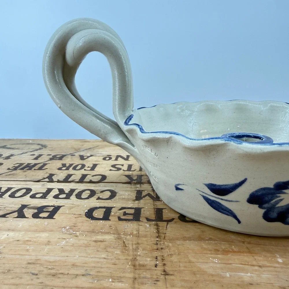 Williamsburg Pottery Chamberstick Candle Holder Cream Blue Floral Stoneware